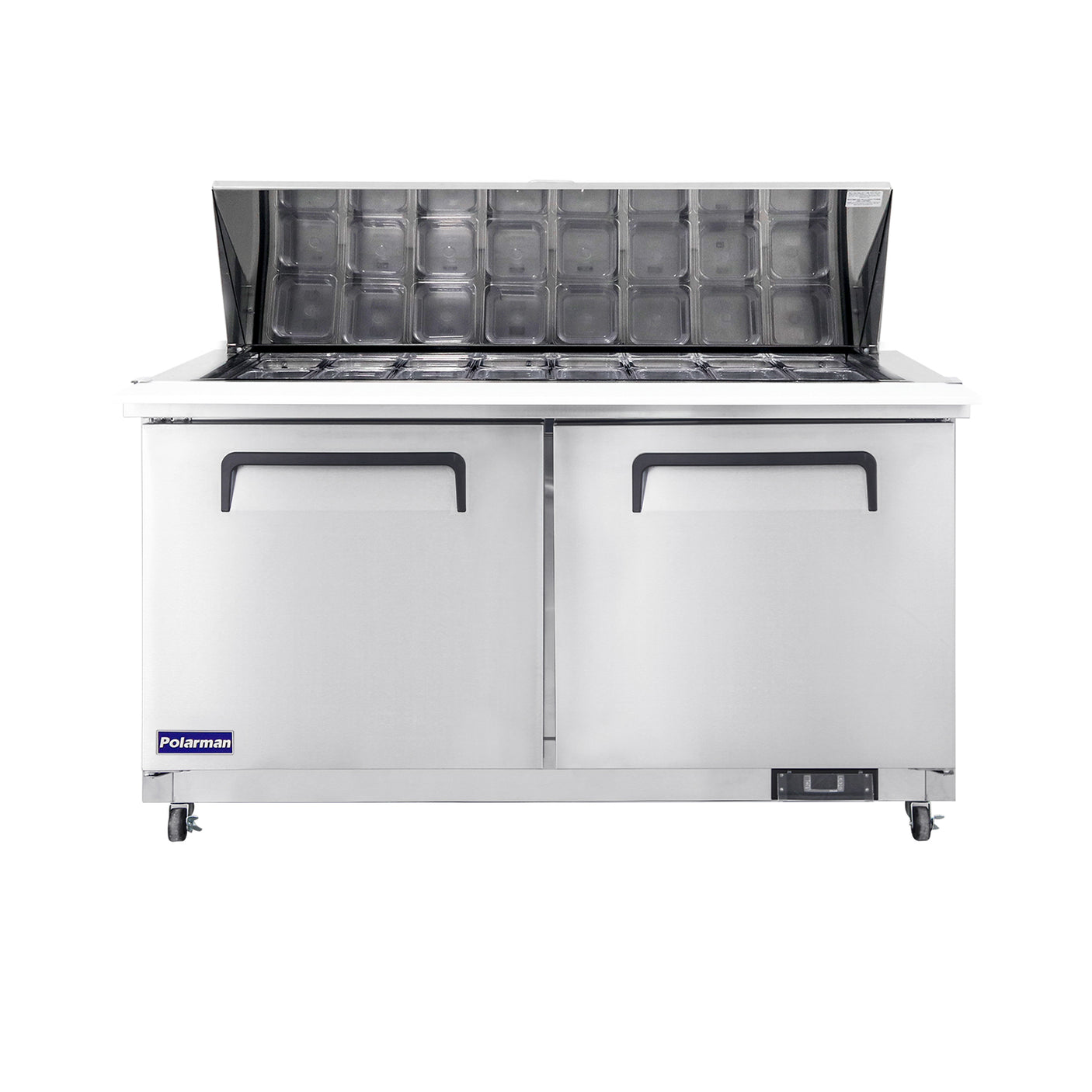 Polarman PLM-S60KS 61 1/4" Stainless Steel Mega Top Sandwich Prep Table with Two Solid Full Doors, (24) 1/6 Size Pans
