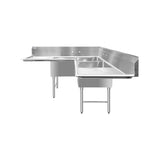 ChefAsst 57" CA-S3C181812C-18LR-316 16-Gauge Stainless Steel Three Compartment Commercial Sink with Stainless Steel Legs, Cross Bracing, and Two 18" Drainboards - 18" x 18" x 12" Bowl
