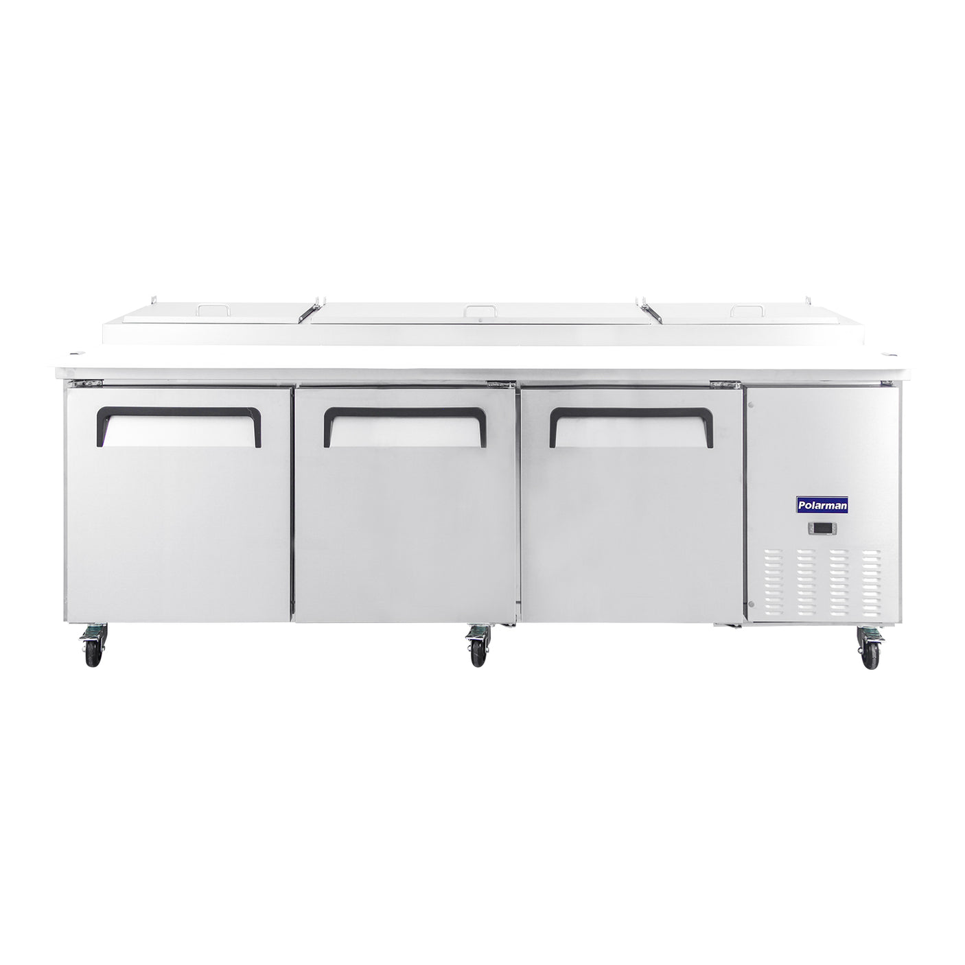 Polarman PLM-P93S 94 3/16" Refrigerated Pizza Prep Table with Three Solid Full Doors, (12) 1/3 Size Pans