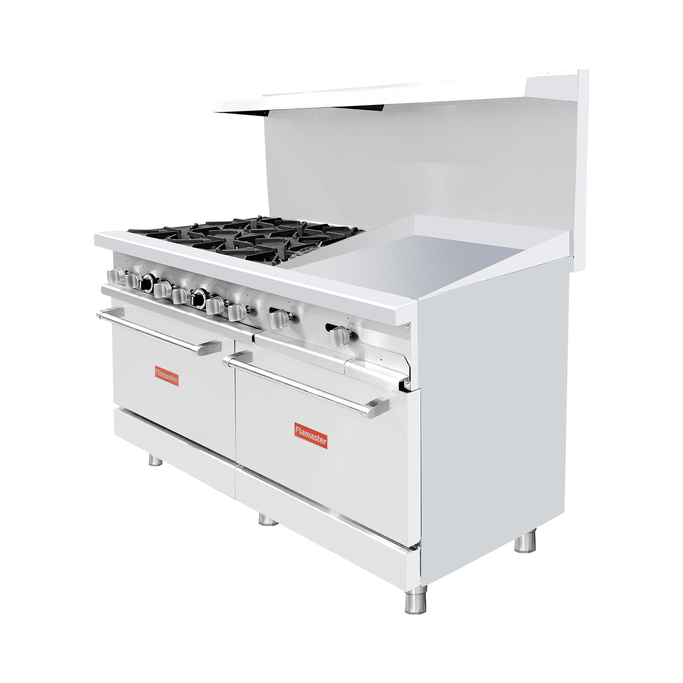 Flamaster FLM-R60-24MG 60" NG/LPG Commercial Gas Range, 6 Open Burners, 24" Griddle, and 2 Standard Ovens, 306,000 BTU