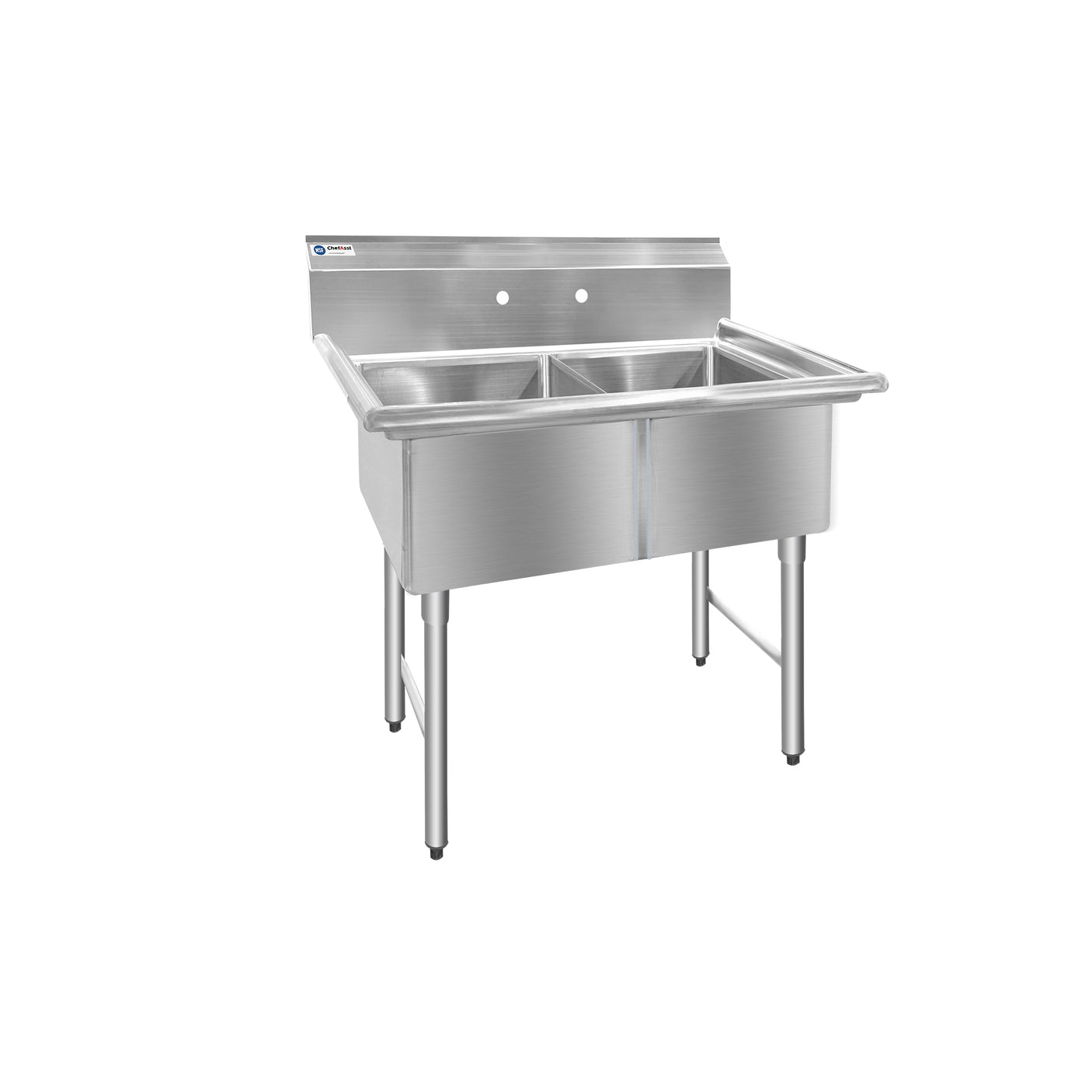 ChefAsst 42" CA-S2C181812-316 16-Gauge Stainless Steel Two Compartment Commercial Sink with Stainless Steel Legs, Cross Bracing, and without Drainboards - 18" x 18" x 12" Bowls