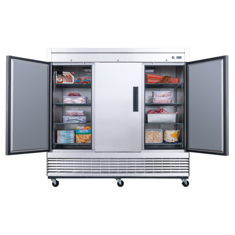 Dukers D83F 82 5/8" Three Section Reach-In Freezer with Solid Full Doors, Bottom Mount, Stainless Steel, 65.2 Cu.Ft.