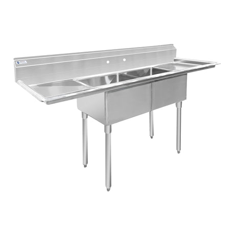 ChefAsst 72" CA-S2C181812-18LR-316 16-Gauge 304 Stainless Steel Two Compartment Commercial Sink with 430 Stainless Steel Legs, Cross Bracing, and Two 18" Drainboards - 18" x 18" x 12" Bowl