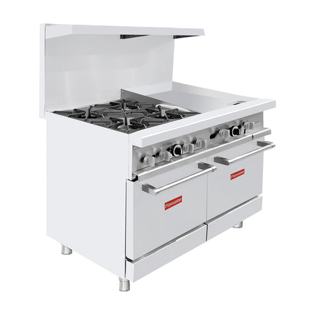 Flamaster FLM-R48-24MG 48" NG/LPG Commercial Gas Range, 4 Open Burners, 24" Griddle, and 2 Standard Ovens, 246,000 BTU