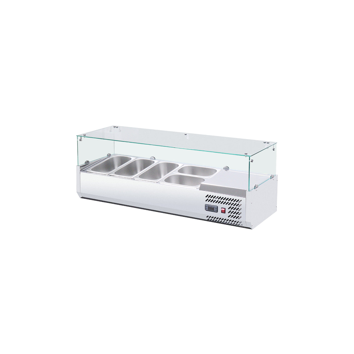 Polarman PLM-R1200L-2 47 1/5" Countertop Refrigerated Sushi Display Case with 4-Side Glass, (3) 1/4 + (2) 1/3 Size Pans