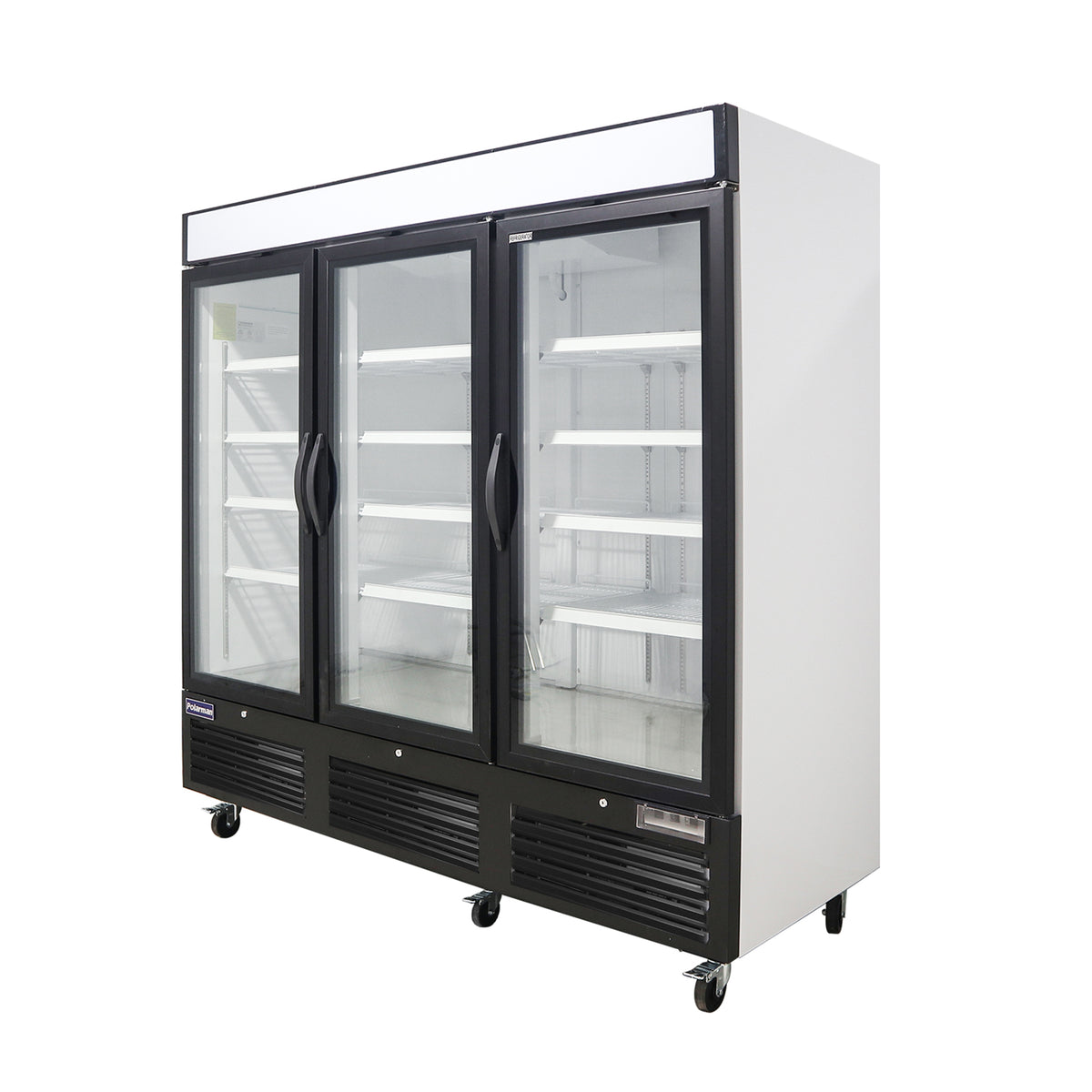 Polarman PLM-HGD72R 81" Black Refrigerated Triple Swing Glass Door Merchandiser with LED Lighting, 72 cu.ft