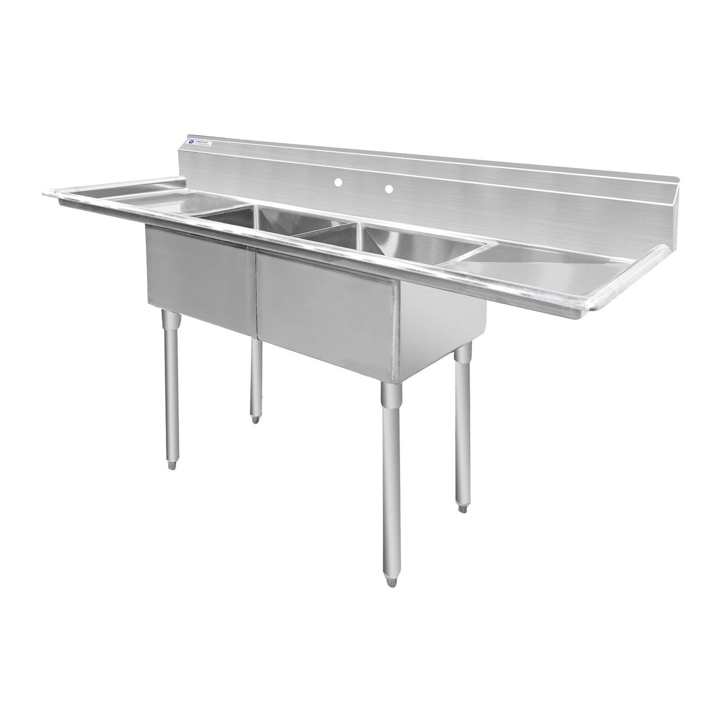 ChefAsst 72" CA-S2C181812-18LR-316 16-Gauge 304 Stainless Steel Two Compartment Commercial Sink with 430 Stainless Steel Legs, Cross Bracing, and Two 18" Drainboards - 18" x 18" x 12" Bowl