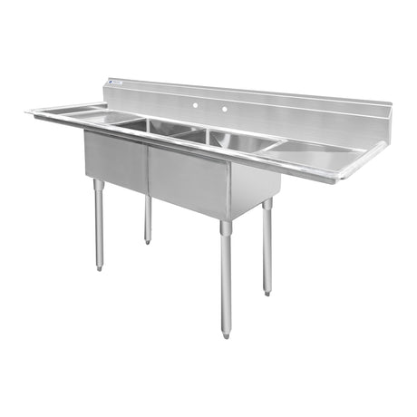 ChefAsst 72" CA-S2C181812-18LR-316 16-Gauge 304 Stainless Steel Two Compartment Commercial Sink with 430 Stainless Steel Legs, Cross Bracing, and Two 18" Drainboards - 18" x 18" x 12" Bowl