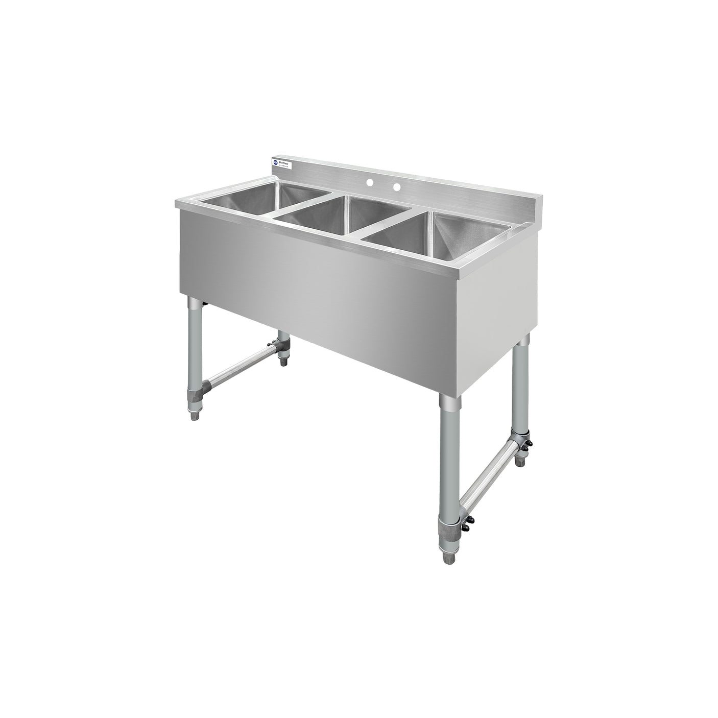 ChefAsst 38" CA-BS101410-318 18-Gauge 304 Stainless Steel Three Bar Sink with Galvanized Legs and Cross Bracing - 10" x 14" x 10" Bowl