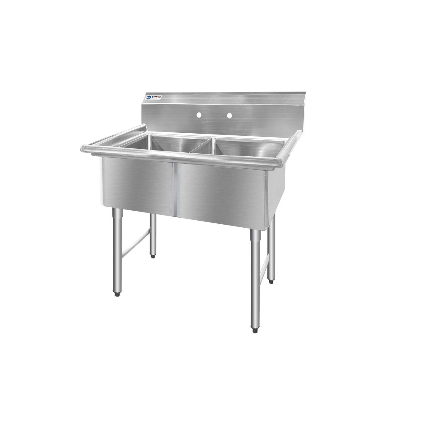 ChefAsst 42" CA-S2C181812-316 16-Gauge Stainless Steel Two Compartment Commercial Sink with Stainless Steel Legs, Cross Bracing, and without Drainboards - 18" x 18" x 12" Bowls