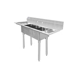 ChefAsst 54" CA-S3C101410-12LR-418 18-Gauge 430 Stainless Steel Three Compartment Commercial Sink with Galvanized Legs, Cross Bracing, and Two 12" Drainboards - 10" x 14" x 10" Bowl