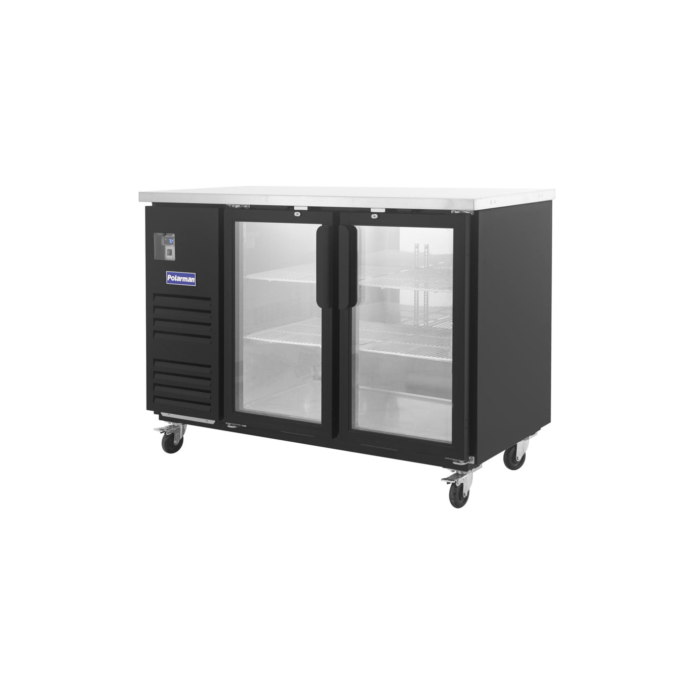 Polarman PLM-BC-2G 58 3/4" Black Glass Door Back Bar Refrigerator with LED Lighting