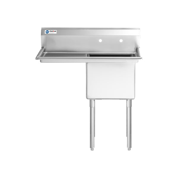 ChefAsst 40” 16-Gauge Stainless Steel Single Compartment Commercial Sink with Stainless Steel Legs,Cross Bracing,and Left 18" Drainboard - 18" x 18" x 12" Bowl