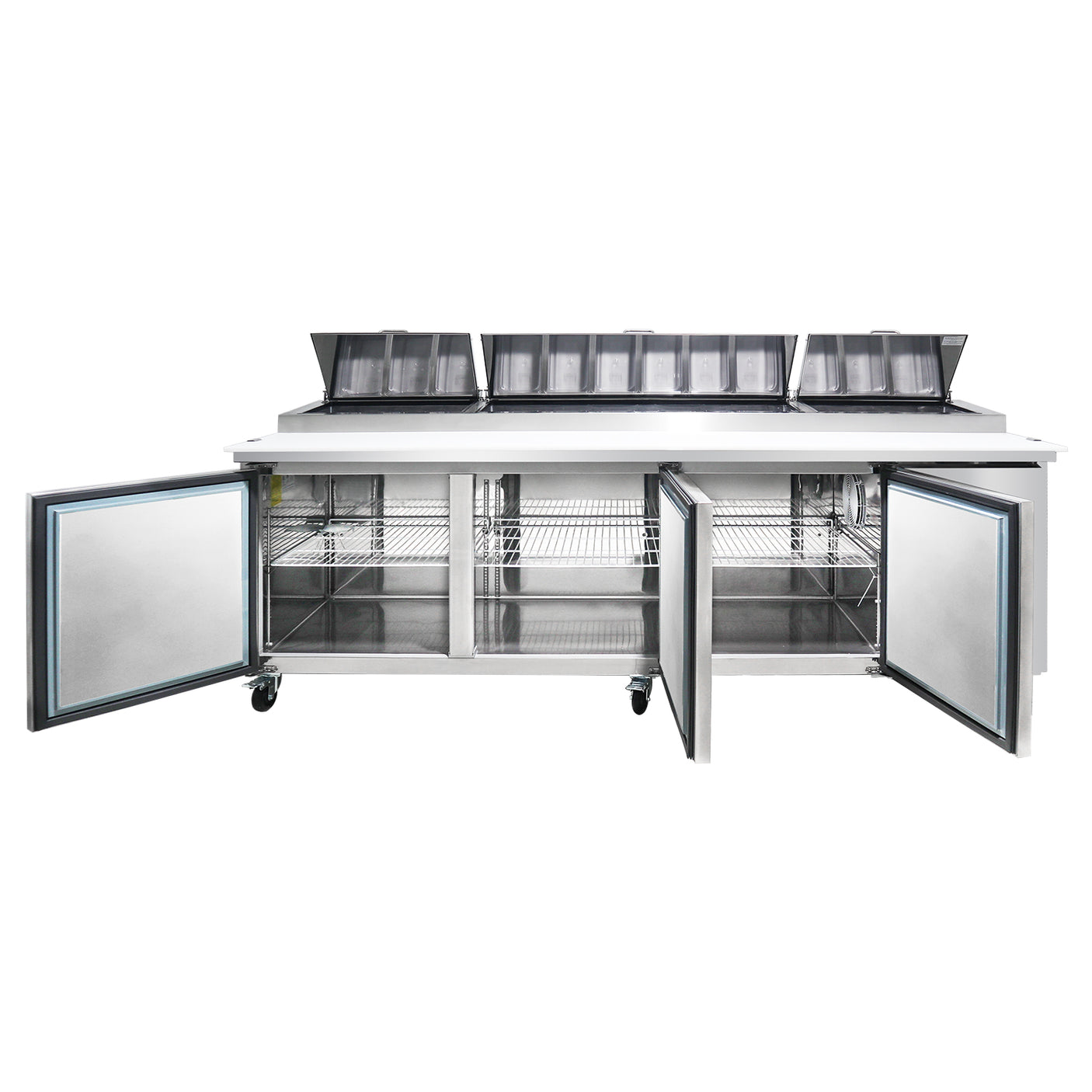 Polarman PLM-P93S 94 3/16" Refrigerated Pizza Prep Table with Three Solid Full Doors, (12) 1/3 Size Pans