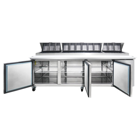 Polarman PLM-P93S 94 3/16" Refrigerated Pizza Prep Table with Three Solid Full Doors, (12) 1/3 Size Pans