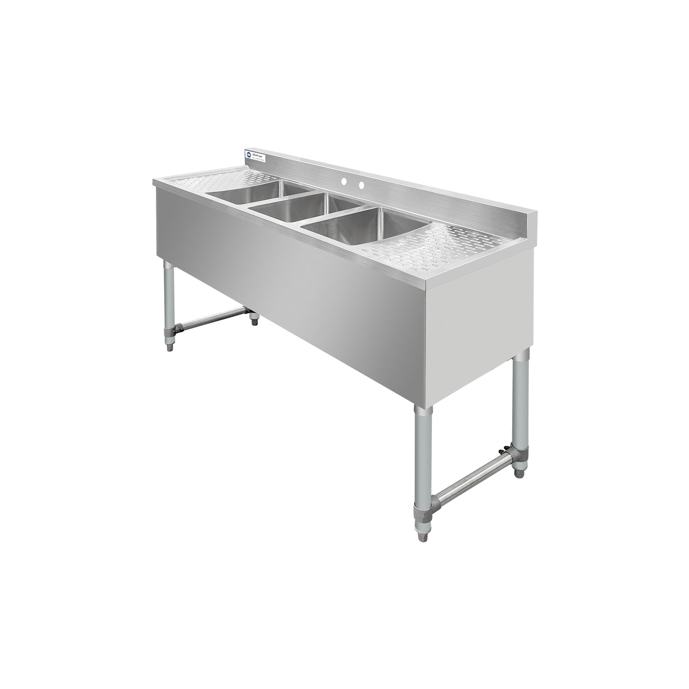 ChefAsst 60" CA-BS101410-13LR-318 18-Gauge 304 Stainless Steel Three Bar Sink with Galvanized Legs, Cross Bracing, and Two 13" Drainboards - 10" x 14" x 10" Bowl
