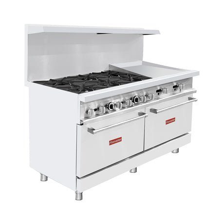 Flamaster FLM-R60-24MG 60" NG/LPG Commercial Gas Range, 6 Open Burners, 24" Griddle, and 2 Standard Ovens, 306,000 BTU