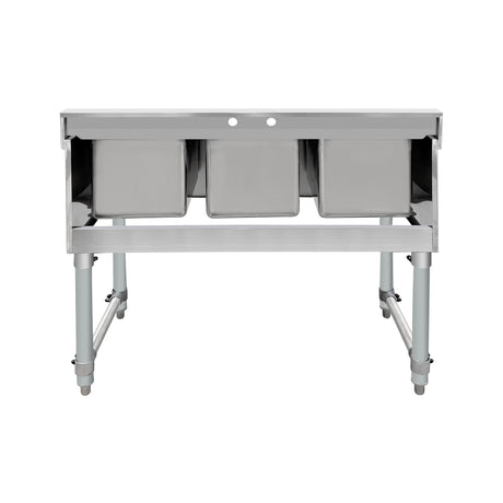 ChefAsst 38" CA-BS101410-318 18-Gauge 304 Stainless Steel Three Bar Sink with Galvanized Legs and Cross Bracing - 10" x 14" x 10" Bowl