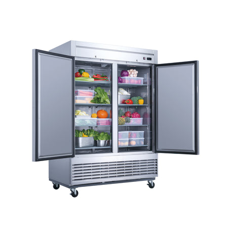 Dukers D55R 55 1/8" Two Section Reach-In Refrigerator with Solid Full Doors, Bottom Mount, Stainless Steel, 41.6 Cu.Ft.