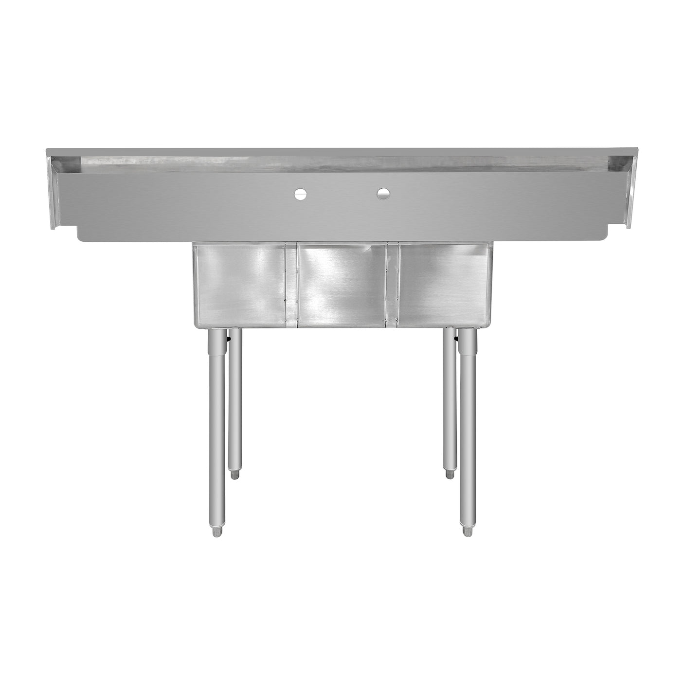 ChefAsst 54" CA-S3C101410-12LR-416 16-Gauge 304 Stainless Steel Three Compartment Commercial Sink with 430 Stainless Steel Legs, Cross Bracing, and Two 12" Drainboards - 10" x 14" x 10" Bowl