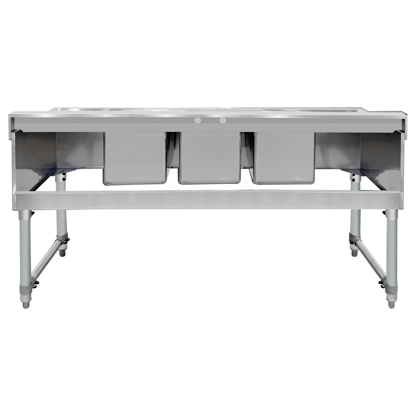 ChefAsst 60" CA-BS101410-13LR-318 18-Gauge 304 Stainless Steel Three Bar Sink with Galvanized Legs, Cross Bracing, and Two 13" Drainboards - 10" x 14" x 10" Bowl