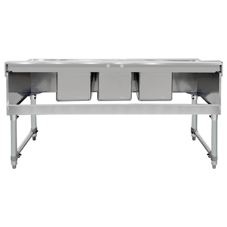 ChefAsst 60" CA-BS101410-13LR-318 18-Gauge 304 Stainless Steel Three Bar Sink with Galvanized Legs, Cross Bracing, and Two 13" Drainboards - 10" x 14" x 10" Bowl