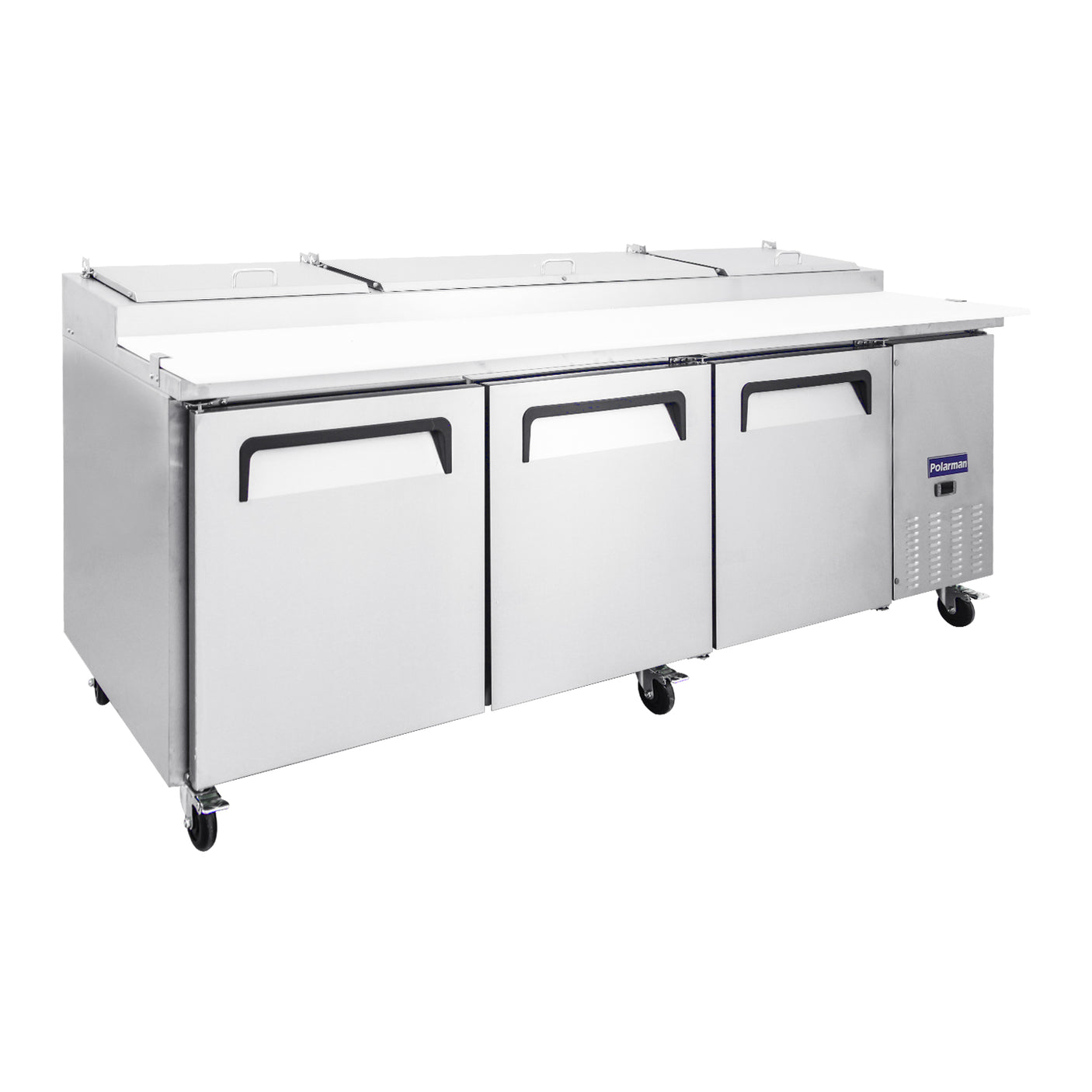 Polarman PLM-P93S 94 3/16" Refrigerated Pizza Prep Table with Three Solid Full Doors, (12) 1/3 Size Pans