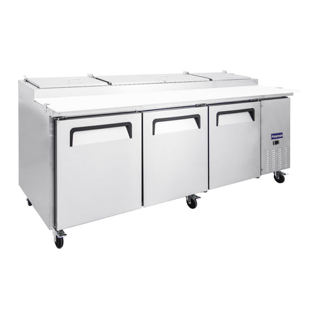 Polarman PLM-P93S 94 3/16" Refrigerated Pizza Prep Table with Three Solid Full Doors, (12) 1/3 Size Pans