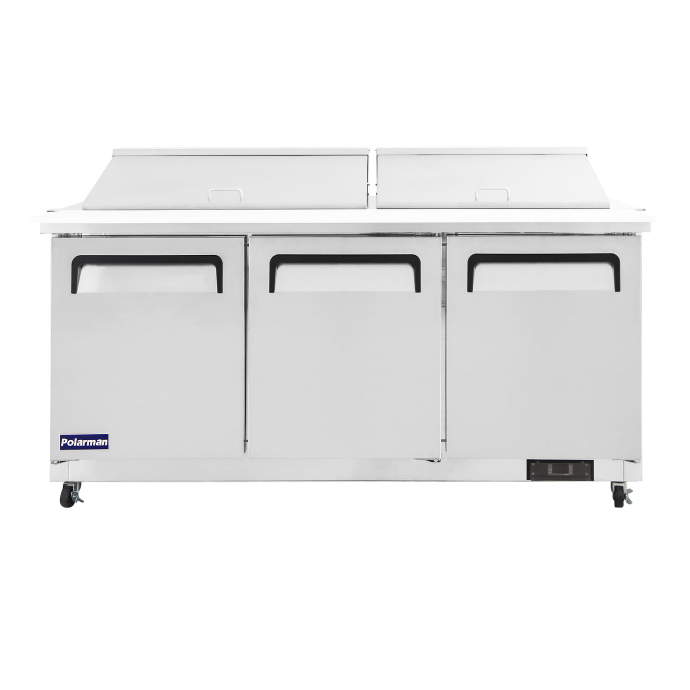 Polarman PLM-S72KS 71 3/4" Stainless Steel Mega Top Sandwich Prep Table with Three Solid Full Doors, (27) 1/6 Size Pans