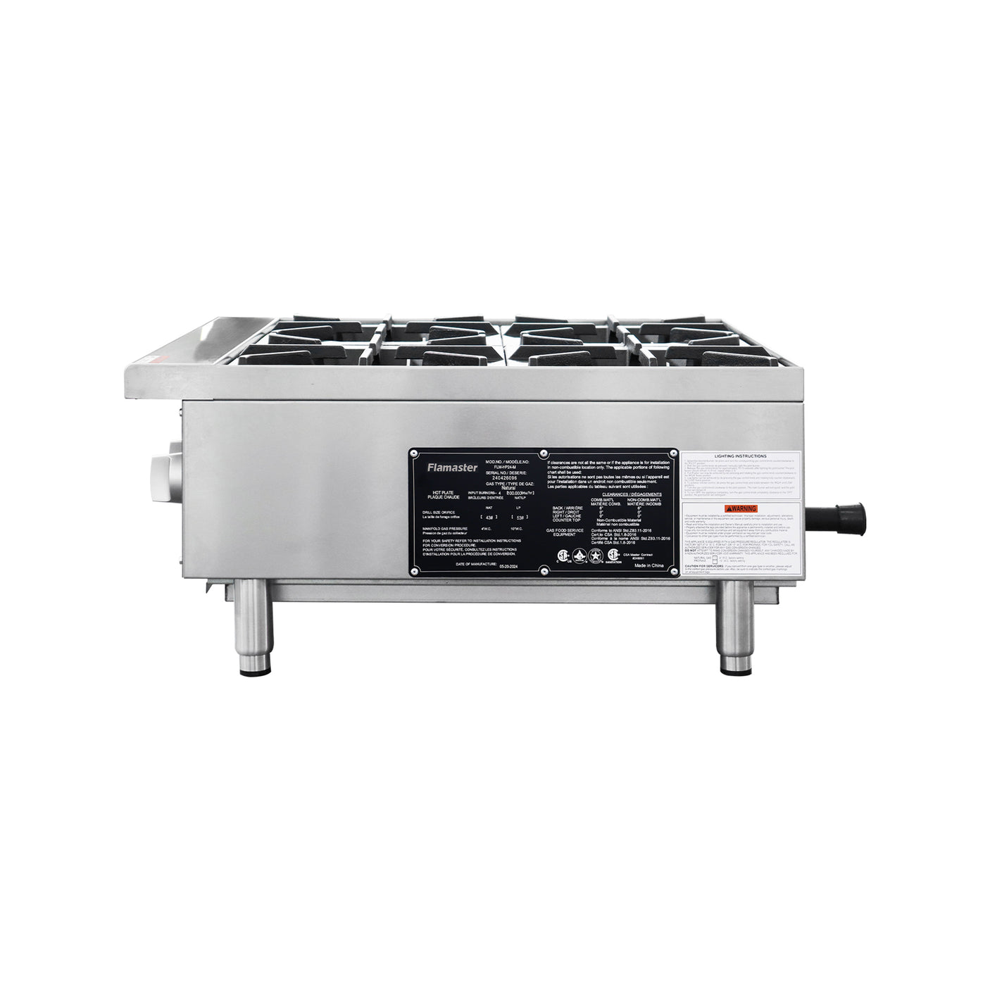 Flamaster FLM-HP24-M 24" Countertop Gas Hot Plate, NG/LPG, 100,000 BTU, 4 Burners