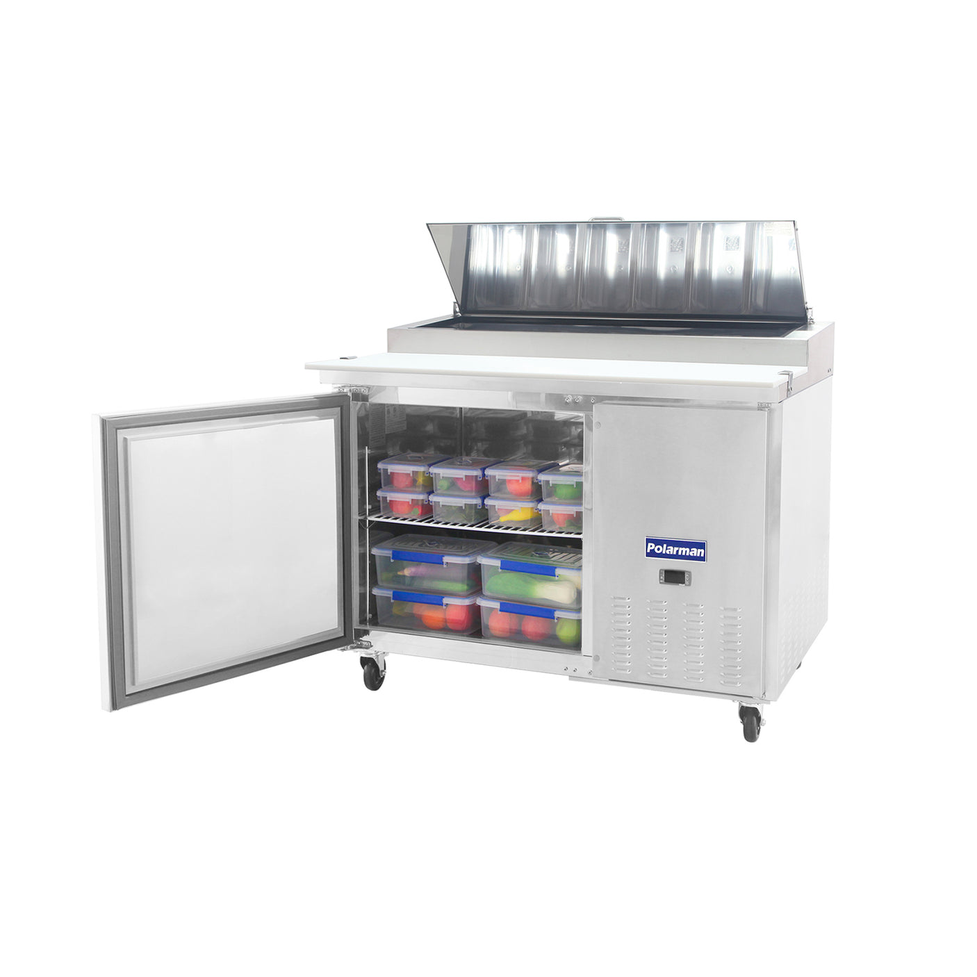Polarman PLM-P44S 47 3/8" Refrigerated Pizza Prep Table with One Solid Full Door, (6) 1/3 Size Pans