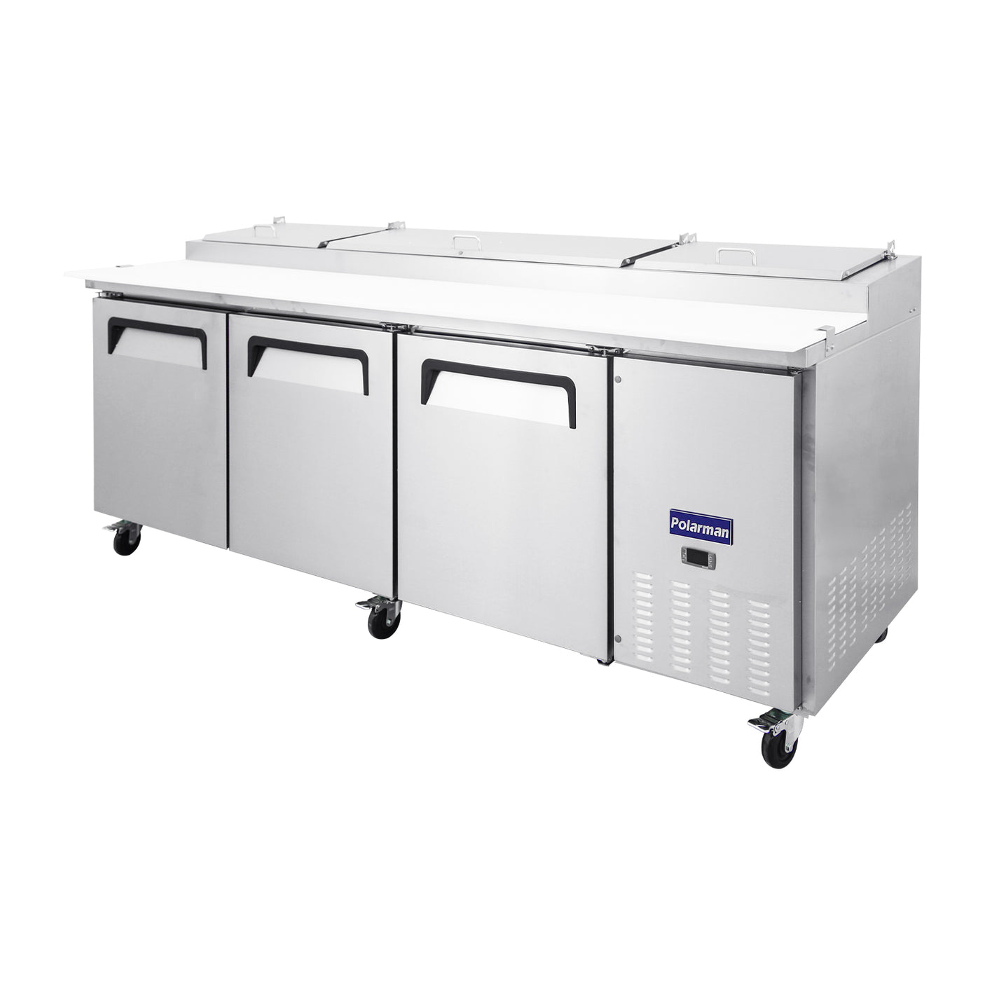 Polarman PLM-P93S 94 3/16" Refrigerated Pizza Prep Table with Three Solid Full Doors, (12) 1/3 Size Pans
