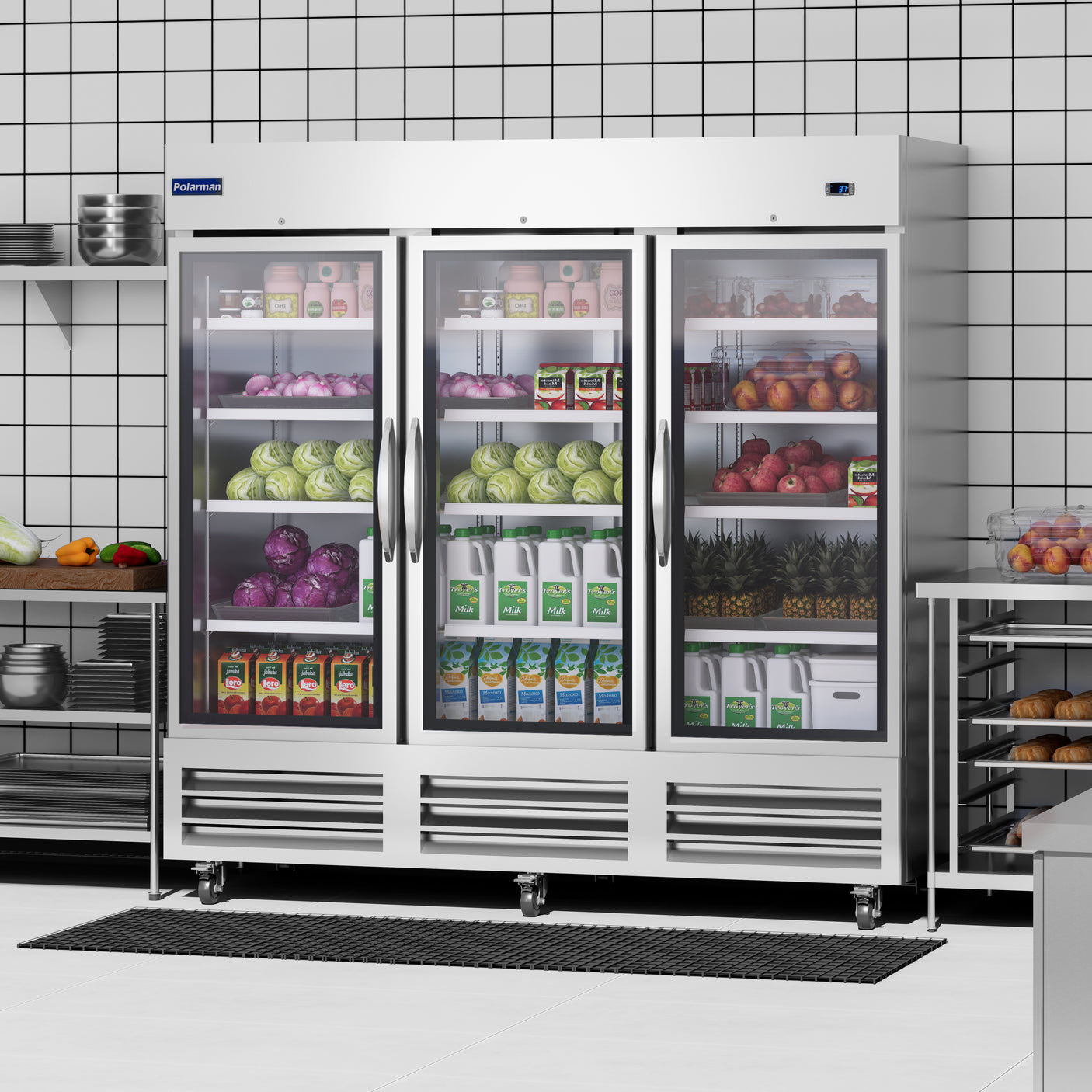 Polarman PLM-81RGS 81" Reach-In Refrigerator with Triple Glass Doors with LED Lighting, Bottom Mount, Stainless Steel, 72 cu. ft.