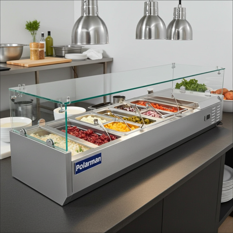 Polarman PLM-PDX-63G 63" Countertop Refrigerated Topping Rail with Sneeze Guard
