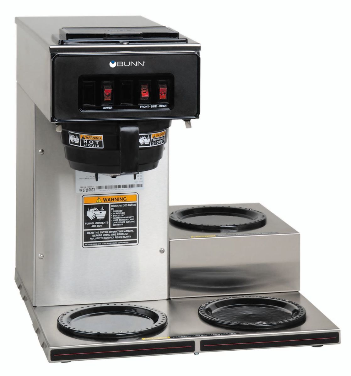 BUNN VP17-3 12-Cup Low-Profile Pourover Coffee Brewer, 3 Lower Warmers