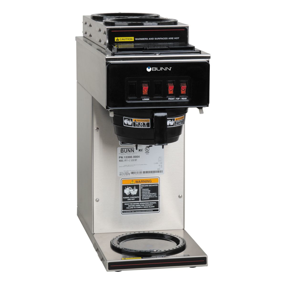 BUNN VP17-3 12-Cup Pourover Coffee Brewer, 2 Upper/1 Lower Warmer