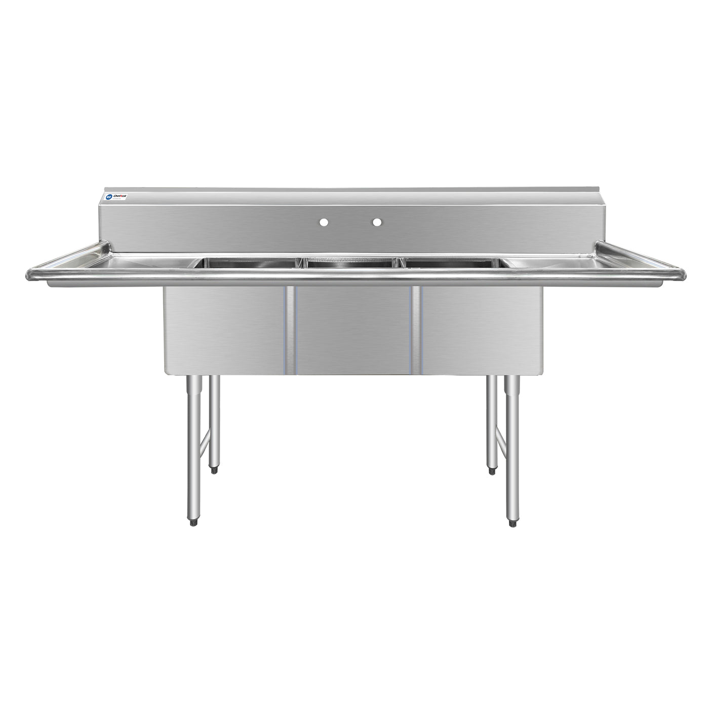 ChefAsst 103" CA-S3C182414-24LR-316 16-Gauge Stainless Steel Three Compartment Commercial Sink with Stainless Steel Legs, Cross Bracing, and Two 24" Drainboards - 18" x 24" x 14" Bowl