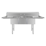 ChefAsst 103" CA-S3C182414-24LR-316 16-Gauge Stainless Steel Three Compartment Commercial Sink with Stainless Steel Legs, Cross Bracing, and Two 24" Drainboards - 18" x 24" x 14" Bowl