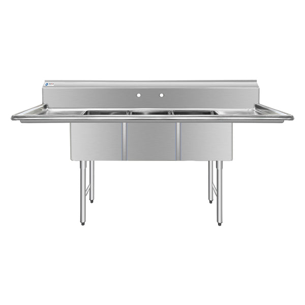 ChefAsst 103" CA-S3C182414-24LR-316 16-Gauge Stainless Steel Three Compartment Commercial Sink with Stainless Steel Legs, Cross Bracing, and Two 24" Drain Boards - 18" x 24" x 14" Bowl