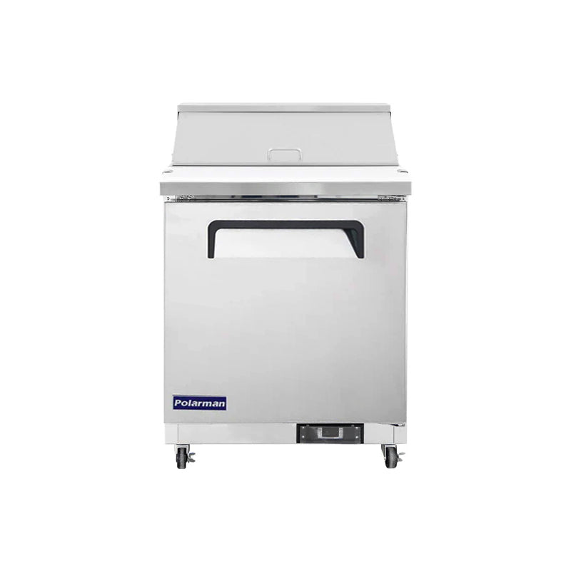 Polarman PLM-S29S 28 15/16" Stainless Steel Sandwich Prep Table with One Solid Full Door, (8) 1/6 Size Pans