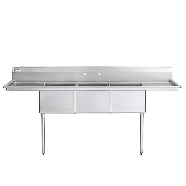 ChefAsst 75" 16-Gauge Stainless Steel Three Compartment Commercial Sink with Stainless Steel Legs,Cross Bracing,and Two 15" Drain Boards - 15" x 15" x 12" Bowl