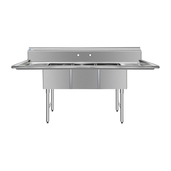 ChefAsst 75" CA-S3C151512-15LR-316 16-Gauge Stainless Steel Three Compartment Commercial Sink with Stainless Steel Legs,Cross Bracing,and Two 15" Drain Boards - 15" x 15" x 12" Bowl