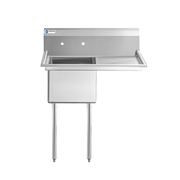 ChefAsst 40" 16-Gauge Stainless Steel Single Compartment Commercial Sink with Stainless Steel Legs,Cross Bracing,and Right 18" Drainboard - 18" x 18" x 12" Bowl