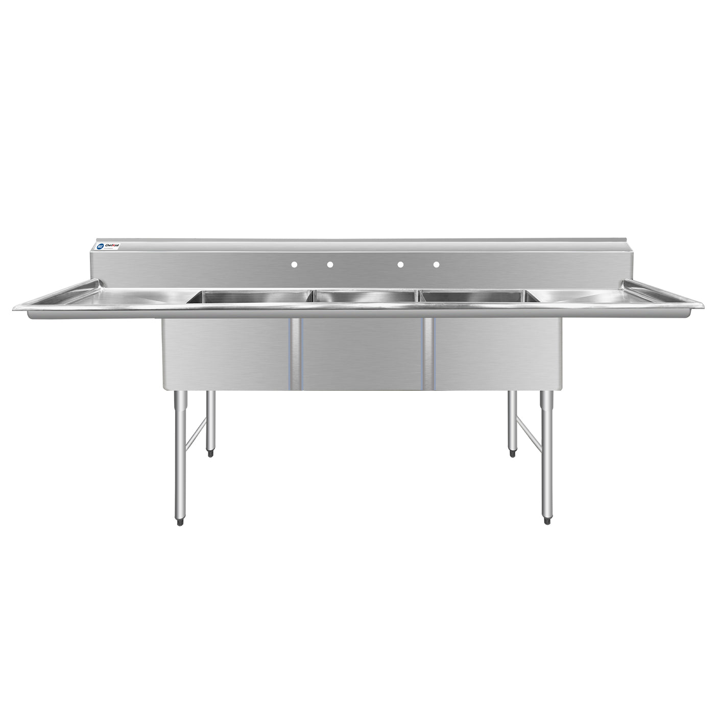 ChefAsst 121" CA-S3C242414-24LR-316 16-Gauge Stainless Steel Three Compartment Commercial Sink with Stainless Steel Legs, and Two 24" Drainboards - 24" x 24" x 14" Bowl