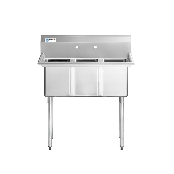 ChefAsst 36" 16-Gauge Stainless Steel Three Compartment Commercial Sink with Stainless Steel Legs,Cross Bracing,and without Drainboards - 10" x 14" x 10" Bowls