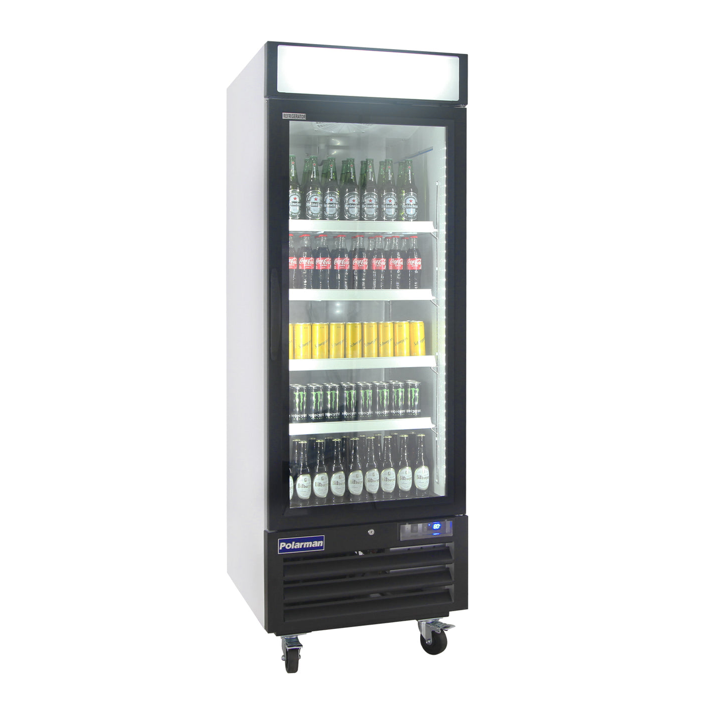 Polarman PLM-HGD23R 26 3/4" Black Refrigerated Single Swing Glass Door Merchandiser with LED Lighting, 23 cu.ft