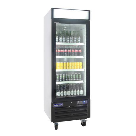 Polarman PLM-HGD23R 26 3/4" Black Refrigerated Single Swing Glass Door Merchandiser with LED Lighting, 23 cu.ft
