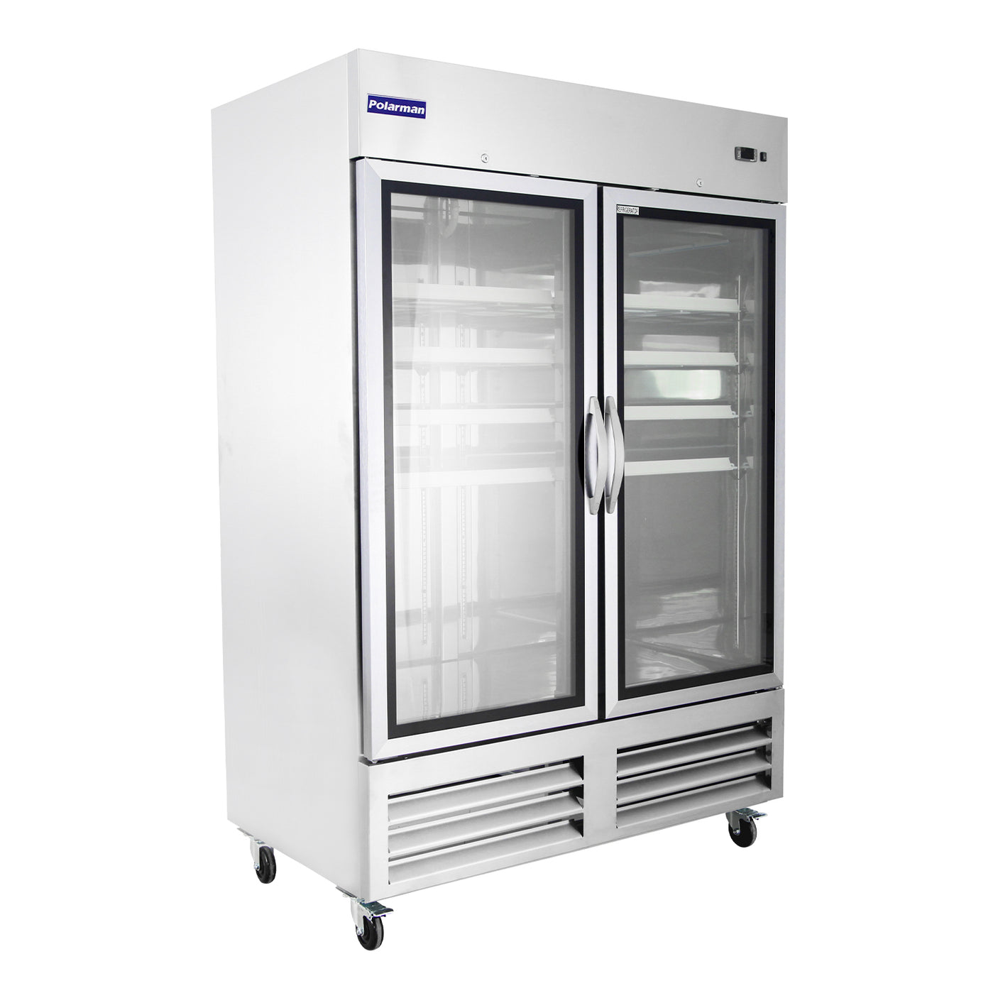 Polarman PLM-54RGS 53 15/16" Reach-In Refrigerator with Double Glass Doors with LED Lighting, Bottom Mount, Stainless Steel, 49 cu. ft.