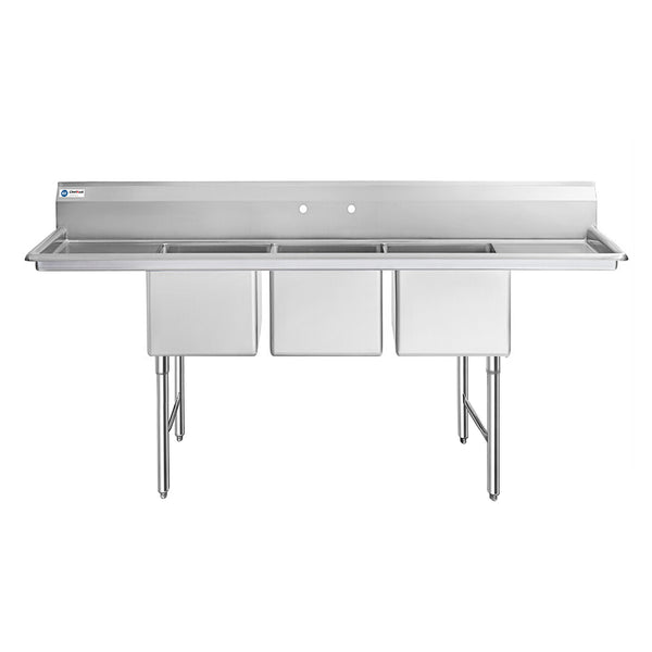 ChefAsst 103" 16-Gauge Stainless Steel Three Compartment Commercial Sink with Stainless Steel Legs, Cross Bracing, and Two 24" Drain Boards - 18" x 24" x 14" Bowl