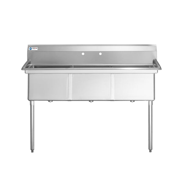 ChefAsst 78" 16-Gauge Stainless Steel Three Compartment Commercial Sink with Stainless Steel Legs,Cross Bracing, and without Drainboards - 24" x 24" x 12" Bowls